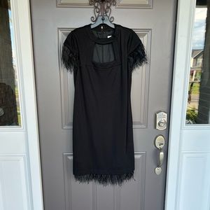 Trina Turk feather fringe dress cutout solid black short sleeve flapper size 8